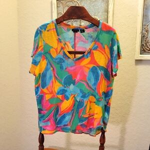 Tahari Colorful Floral 100% Linen Women's Top Size 1X